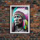 The Warrior, Native American Chief, Graffiti Art Portrait, Framed Canvas Print, Rainbow Feather Mohawk, Pop Art Portrait
