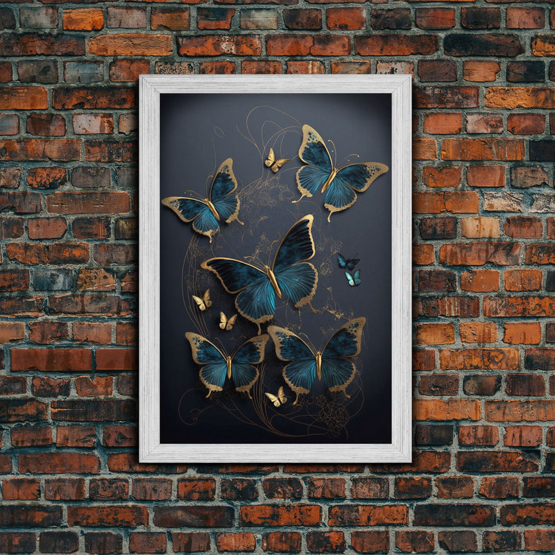 Blue Butterflies Canvas Print Wall Art, Blue and Gold Butterfly Canvas Painting, Butterfly Wall Decor, Home Gift, ready to hang decor