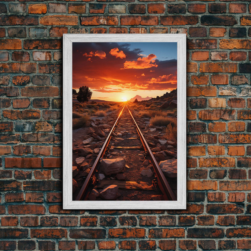 Abandoned Train Tracks Somewhere In The Arizona Desert, Framed Canvas Print, Western Decor