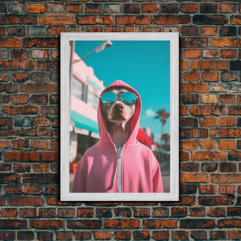 Whippet In Pink Hoodie Sunglasses Wall Print, Dog Art, Dog Portrait, Dog Art Print, Framed Wall Art, Framed Canvas, Wall Print, Wall Canvas