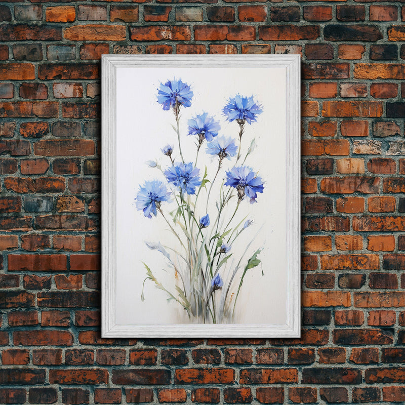 Blue Bachelor Buttons Art Print - Framed Giclee Oil Painting Print - Oil Painting Still Life Original - Large Flower Canvas Print or Poster