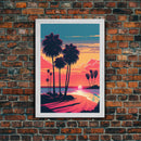 Framed Canvas Print - Art Deco Sunset, Beaches, Minimalist Palm Trees, Retro Synthwave, Vaporwave, 80s Vibes, Gamer Art, Bar Decor