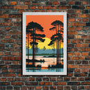 Vintage Style Art, Framed Canvas Prints, Lake and Pine Tree Forest Landscape, Florida Everglades at Sunset