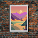 Retro Art Deco Style Minimalist Desert Landscape Print, Framed Canvas Art, Synthwave Style, Southwestern Decor, Western Art, Guest Room