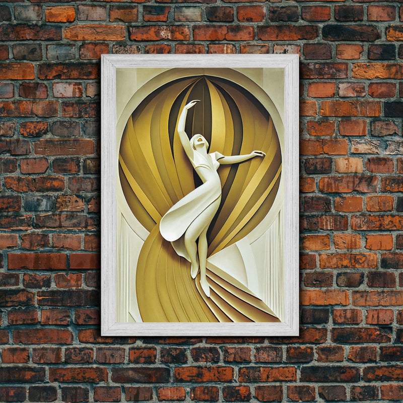 Art Deco Sculpture Canvas Print, Framed Wall Art, 1930s Inspired Retro Art, White and Gold Ballerina