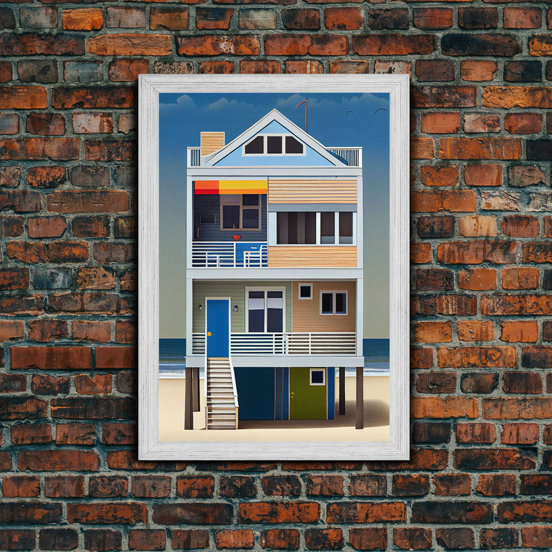 Whimsical Beach House Art, Framed Canvas Print, Cute Retro Beach House Painting, Wall Art