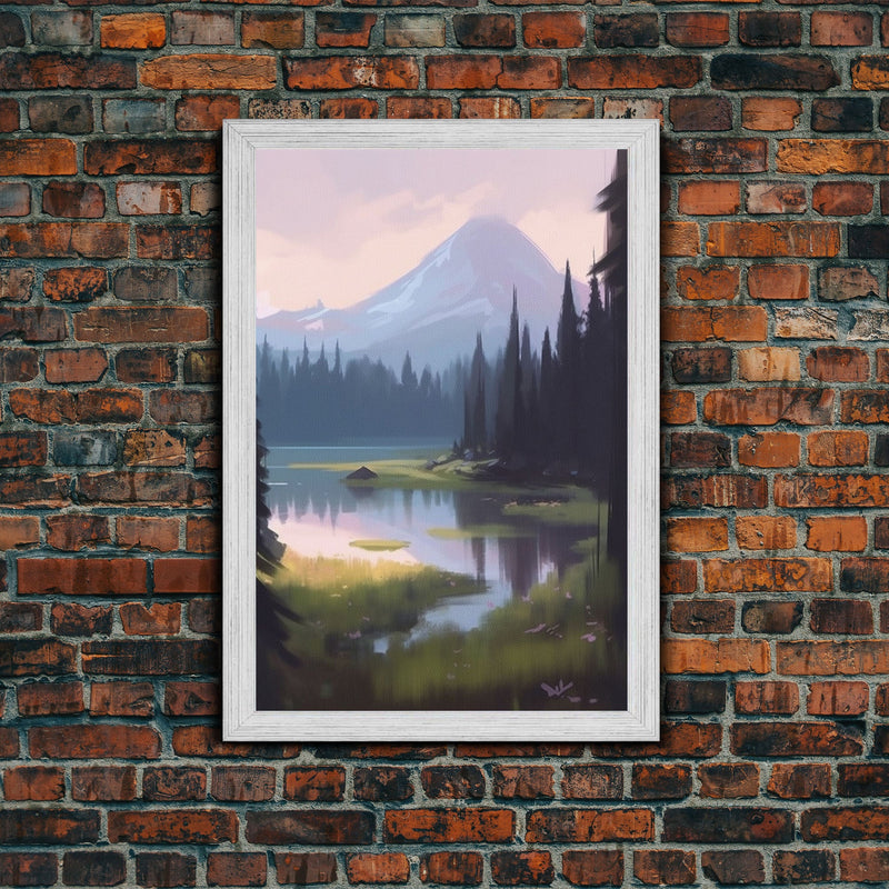 Beautiful Mountain and Stream Landscape Watercolor Painting, Framed Canvas Print, Nature / Landscape Painting