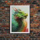 Framed Dragon Print, Watercolor Painting Of A Beautiful Dragon, Canvas Print, Canvas Art, Fantasy Decor