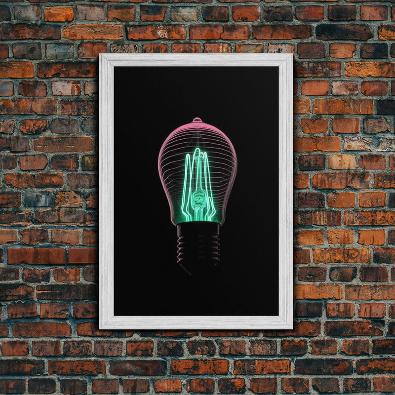 3D Light Bulb Wall Art, Neon Lights Art, Teal, Pink, Minimalist Print, Wall Decor, Canvas Print, Wall Art, Framed Canvas