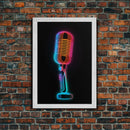 Neon Lights Retro Microphone Wall Art, Vibrant Art, Music Room Wall Art, Minimalist Print, Wall Decor, Canvas Print, Wall Art, Framed Canvas