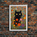 Gustav Klimt Inspired Garden Cat, Funny Black Cat Art, Framed Canvas Print, Fine Art Poster, Cute Cat Art, Funny Gift, Funny Cat Prints