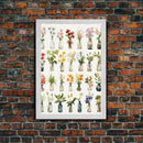 Cute Kawaii Floral Print, Flowers In Vases, Framed Wall Art, Canvas Print, Botanical Wall Decor, Dried Flower Large Art, Abstract Flower Art