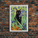 Vincent Van Gogh Inspired Irises Black Cat Wall Art, Framed Canvas Print, Poster Art, Funny Cat Print, Funny Gift, Home Decor Wall Art