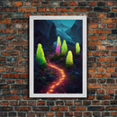 Magical forest canvas print, glowing mushroom art, fantasy forest wall art, gloomy dark home decor, luminescent forest trail wall art