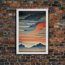 Japanese style wall art, sunrise over the mountains, canvas print, woodblock print style art, Hokusai style wall art