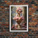 Fountain Wall Print, Pink Roses Wall Art, Flower Art Print, Canvas Print, Wall Art, Vertical Print, Botanical Art, Country Home Decor
