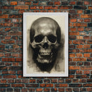 Charcoal Drawing, Gothic Art Print, Human Skull Decor, Canvas Print, Wall Art, Vertical Art, Entryway Prints, Wall Hanging, Birthday Gift