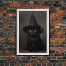 Cute Witch's Familiar Cat Halloween Art, Cat Witch, Cat Painting, Cute Cat Print, Halloween Decor, Black Cat Print, Framed Canvas / Canvas