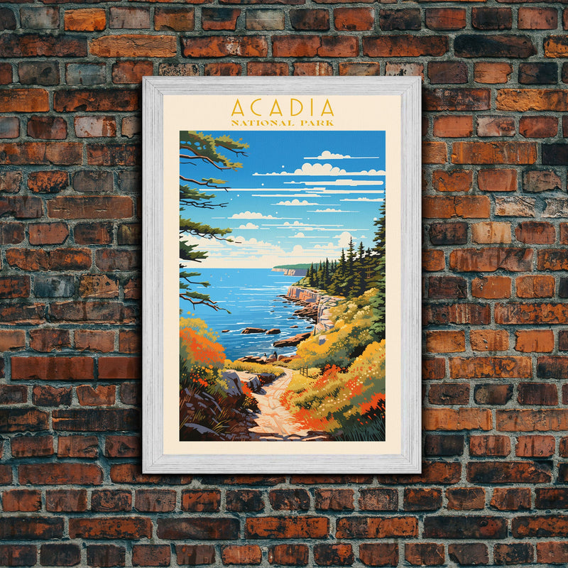 Acadia National Park Maine Travel Art, National Park Print, Minimalist Travel Art, Midcentury Modern Style Landscape Painting