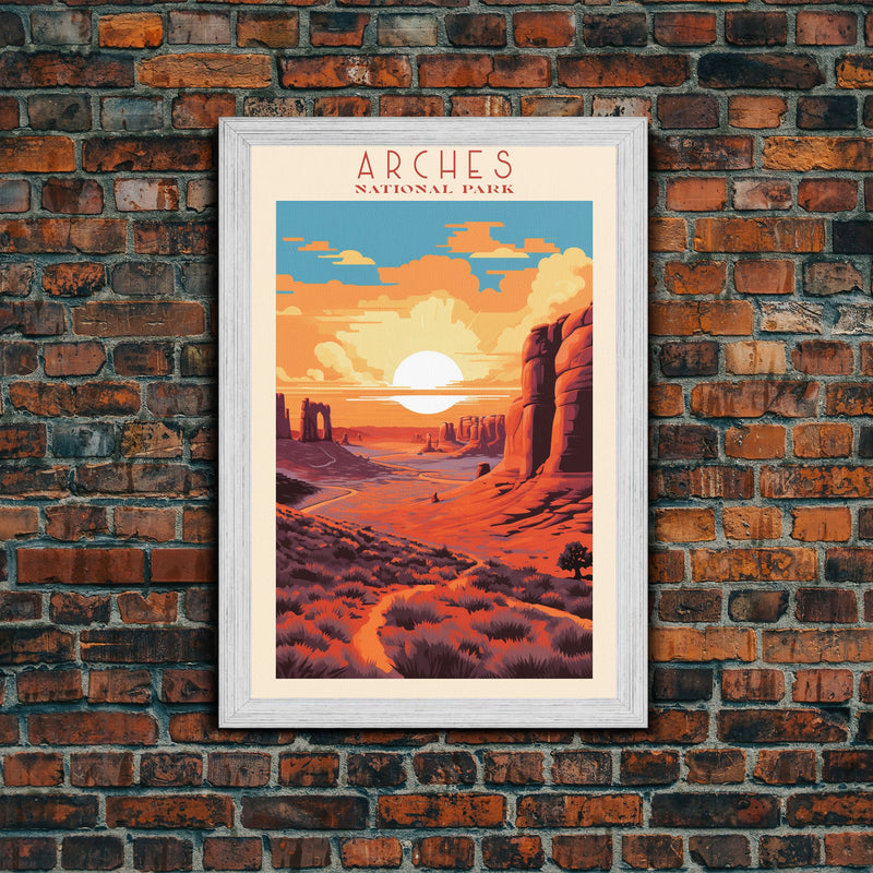 Arches National Park, Framed Wall Art Canvas Print, Travel Poster, Utah Travel Art, Roadtrip Decor, Cool Wall Art, Retro State Park Art