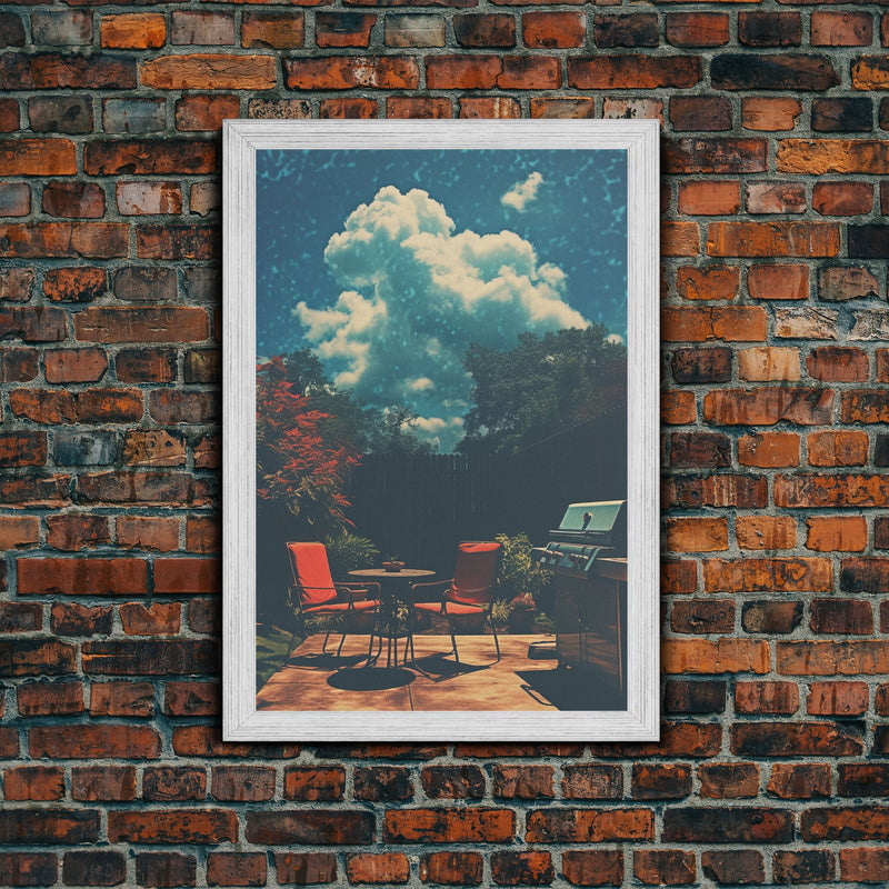 Back Yard Chillin', Summer Vibes, Framed Canvas Print, Retro Midcentury Modern BBQ Art, BBQ During An Eclipse, Liminal Art, Minimalist MCM