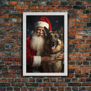 Santa Holding A Golden Retriever, Framed Canvas Print, Christmas Wall Art, Xmas Art, Christmas Art Print, Santa Decor, Farmhouse Christmas