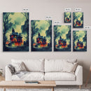 Spooky Watercolor of a Haunted House, Halloween Art, Framed Canvas Print, Ready To Hang Framed Wall Art, Living Room Wall Decor