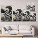 Black and White Tsunami Waves, Japanese Style Art, Framed Canvas Print, Ready To Hang Framed Wall Art, Living Room Wall Decor