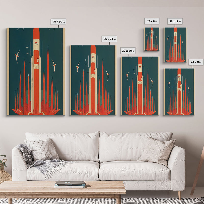 Art Deco Space Travel Poster Art, Framed Canvas Print, Ready To Hang Framed Wall Art, Living Room Wall Hanging