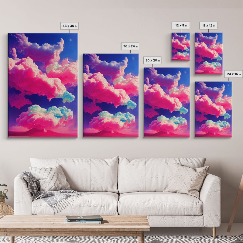 Bubble Gum Clouds, Trippy Psychedelic Surrealist Cloud Art, Framed Canvas Print, Ready To Hang Framed Wall Art