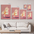Pastel pirate ship, pink boat, vaporwave pirate ship, framed canvas print, framed wall art