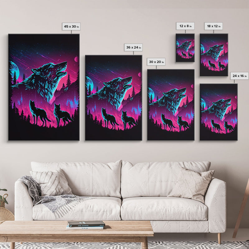 Wolves Howling at the moon, 3 wolf moon, framed canvas print, vaporwave art, Animal art, predator art