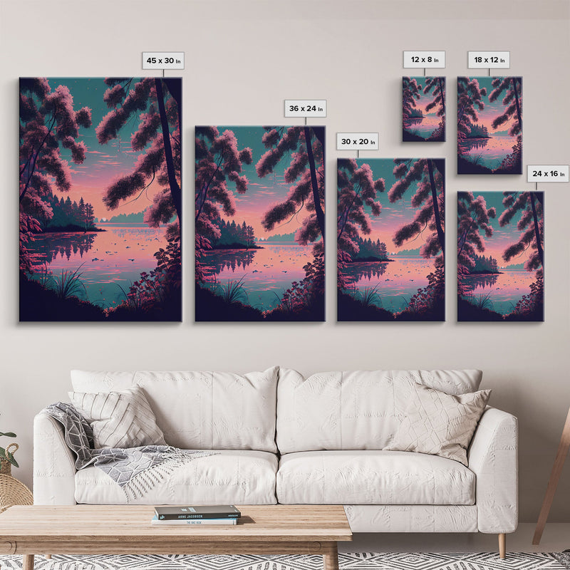 Beautiful Sunset over the lake, My Secret Spot, framed canvas print, Pinkwave retro style landscape art