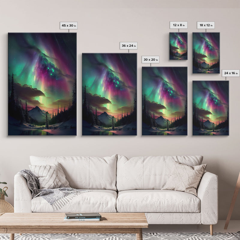 Aurora Borealis, Northern Lights Art, framed canvas print, snow capped mountain landscape art