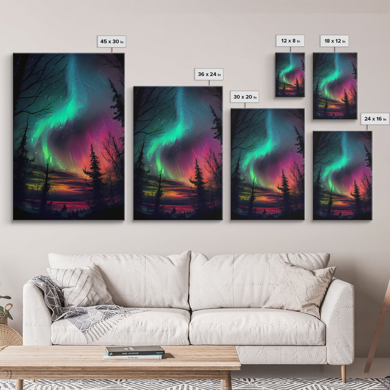 Aurora Borealis, Northern Lights Art, framed canvas print, snow capped mountain landscape art