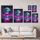 Full Moon over a Florida Beach, Palm Trees, Outrun Style Beach Landscape art, framed canvas Print