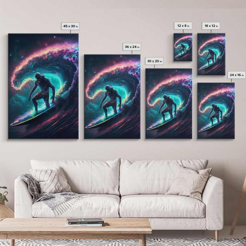 Astronaut surfing the stars, Cosmic Surfer, Galaxy Art, framed canvas print, unique colorful wall art