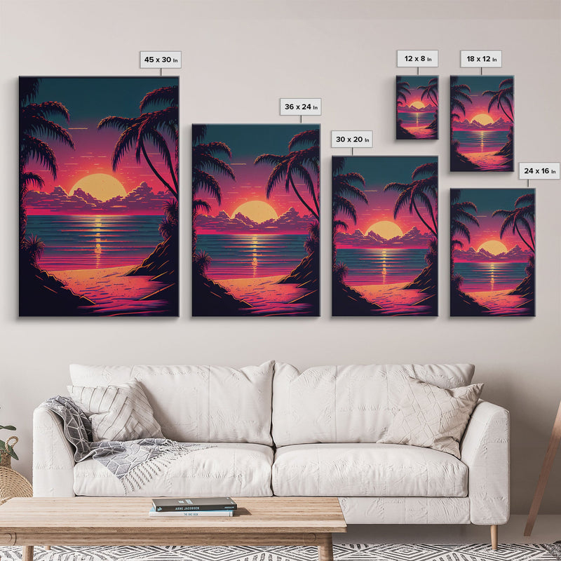 8 bit pixel art sunset, synthwave style palm tree beach, framed canvas print, framed wall art painting