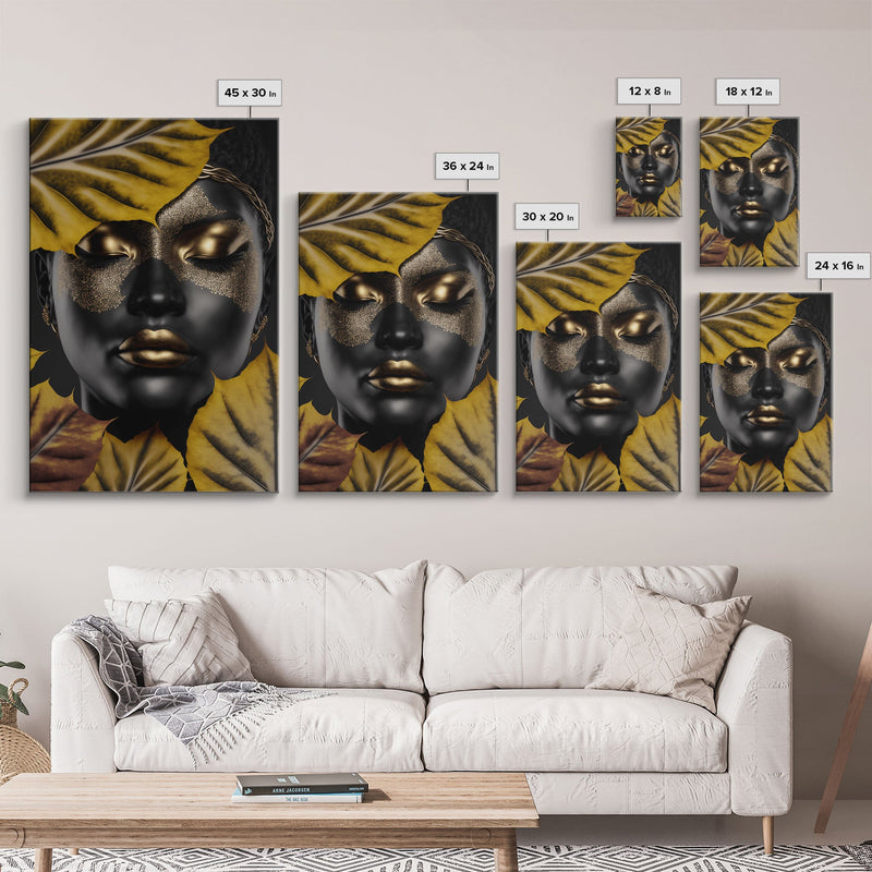 Beautiful Woman Art Framed Canvas Print Black Gold Woman Wall Art Lady Print, Gold Face Leaves Palm decor ready to hang Ethnic girl portrait