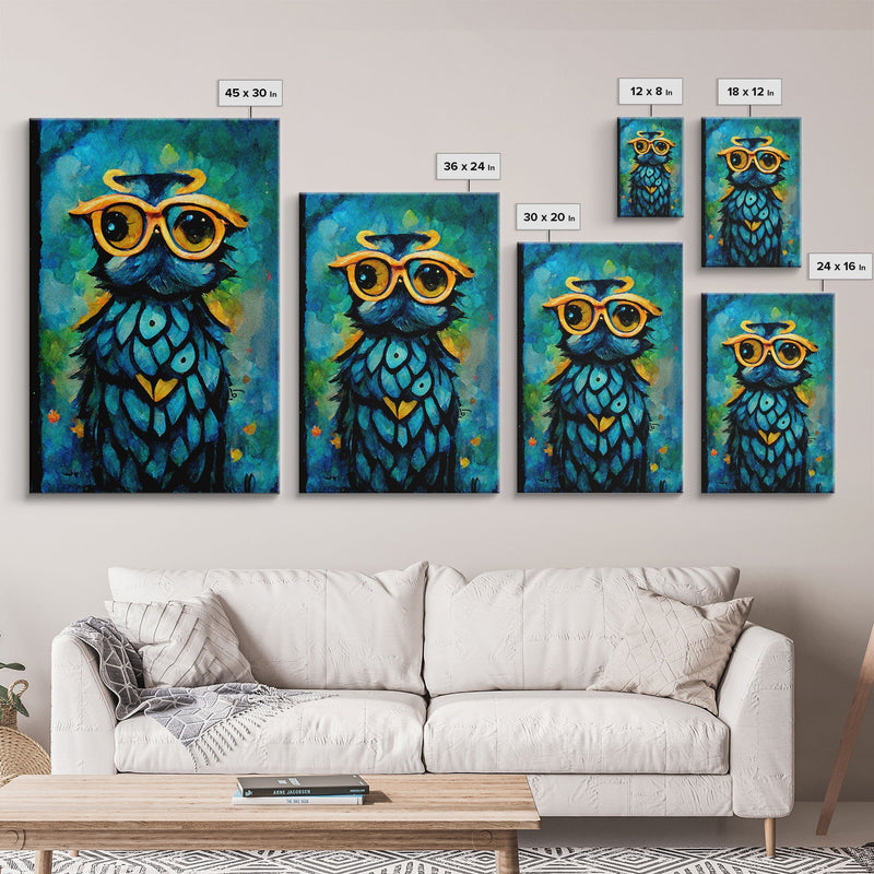 Wise Owl With Glasses Canvas Art - Owl Painting - Owl Wall Decor