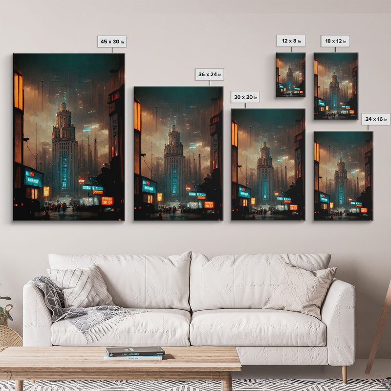 Art Deco Cyberpunk Cityscape Canvas Print, Scifi art, cool wall art for mancave, dystopian art, architecture