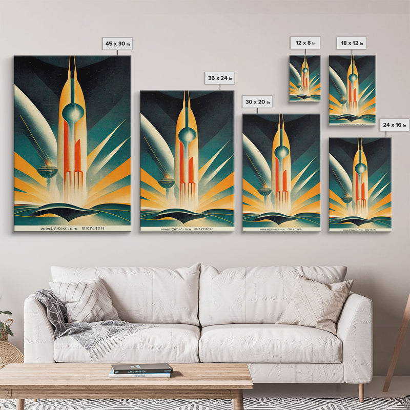 Art Deco Style Spaceship, Space Exploration, Science Fiction / SciFi Canvas Print, Ready to Hang Wall Art