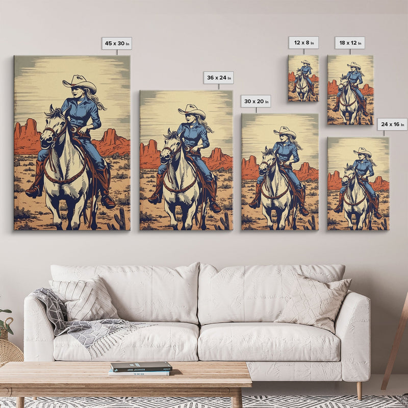 Western Cowgirl Art, 24x36 Canvas Print, Equestrian Wall Art, Cowboy Decor, Southwestern Art, Wild West Retro Decor, Western Comic Book Art