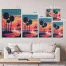 Framed Canvas Print - Art Deco Sunset, Beaches, Minimalist Palm Trees, Retro Synthwave, Vaporwave, 80s Vibes, Gamer Art, Bar Decor