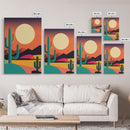 Pop Art Framed Canvas Print of Desert Landscape at Sunset, Outrun Style Sunset Full Moon Art, Unique 80s Vibe Retro Art, Art Deco