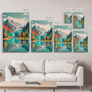 Retro Midcentury Style Wall Art, Framed Canvas Print, Colorful Wall Art, Mountain Landscape, Office Decor, Low Res Art