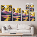 Colorful Pop Art Picture of a Mountain and Forest Landscape, Framed Canvas Print, Surrealist High Contrast Cel Shaded Landscape Art