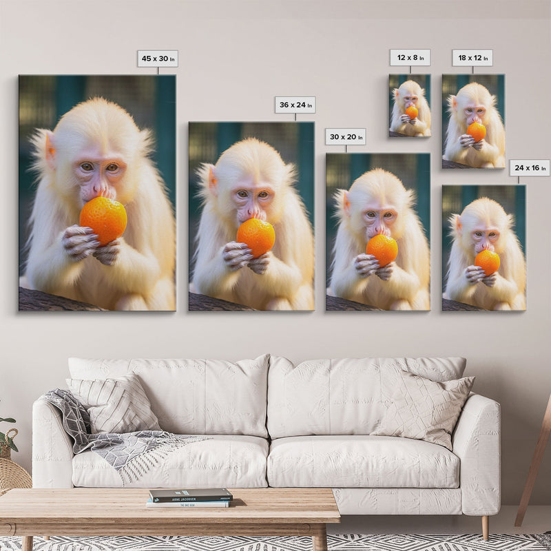 White Monkey Wall Decor, Albino Monkey Wall Art, Monkey Eating Orange, Animal Wall Art, Wall Decor, Canvas Print, Wall Art, Framed Canvas