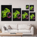 Neon Green Camera Wall Art, Neon Wall Decor, Photography Art,  Minimalist Print, Wall Decor, Canvas Print, Wall Art, Framed Canvas