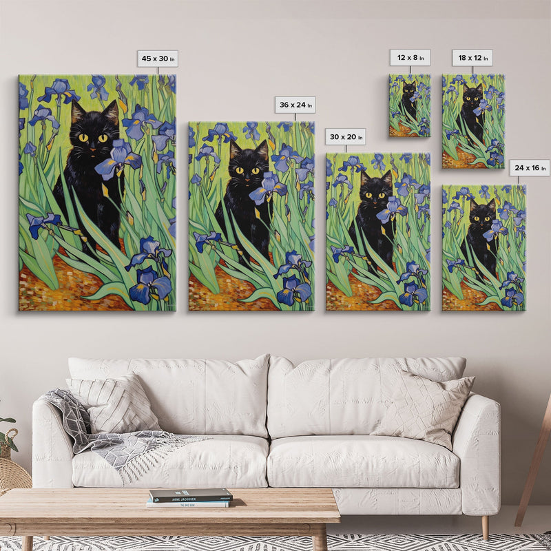 Vincent Van Gogh Inspired Irises Black Cat Wall Art, Framed Canvas Print, Poster Art, Funny Cat Print, Funny Gift, Home Decor Wall Art